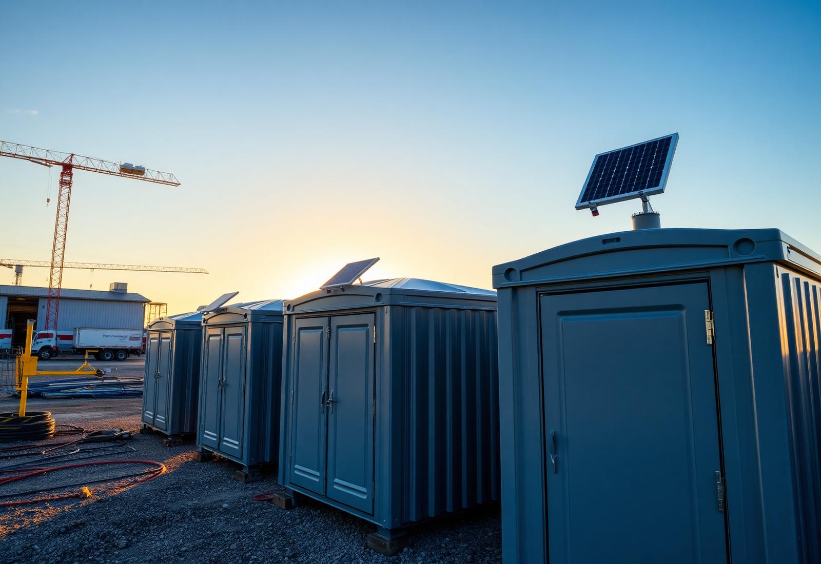 Row of portable restrooms fitted with PortaComfort solar ventilation units on a construction site